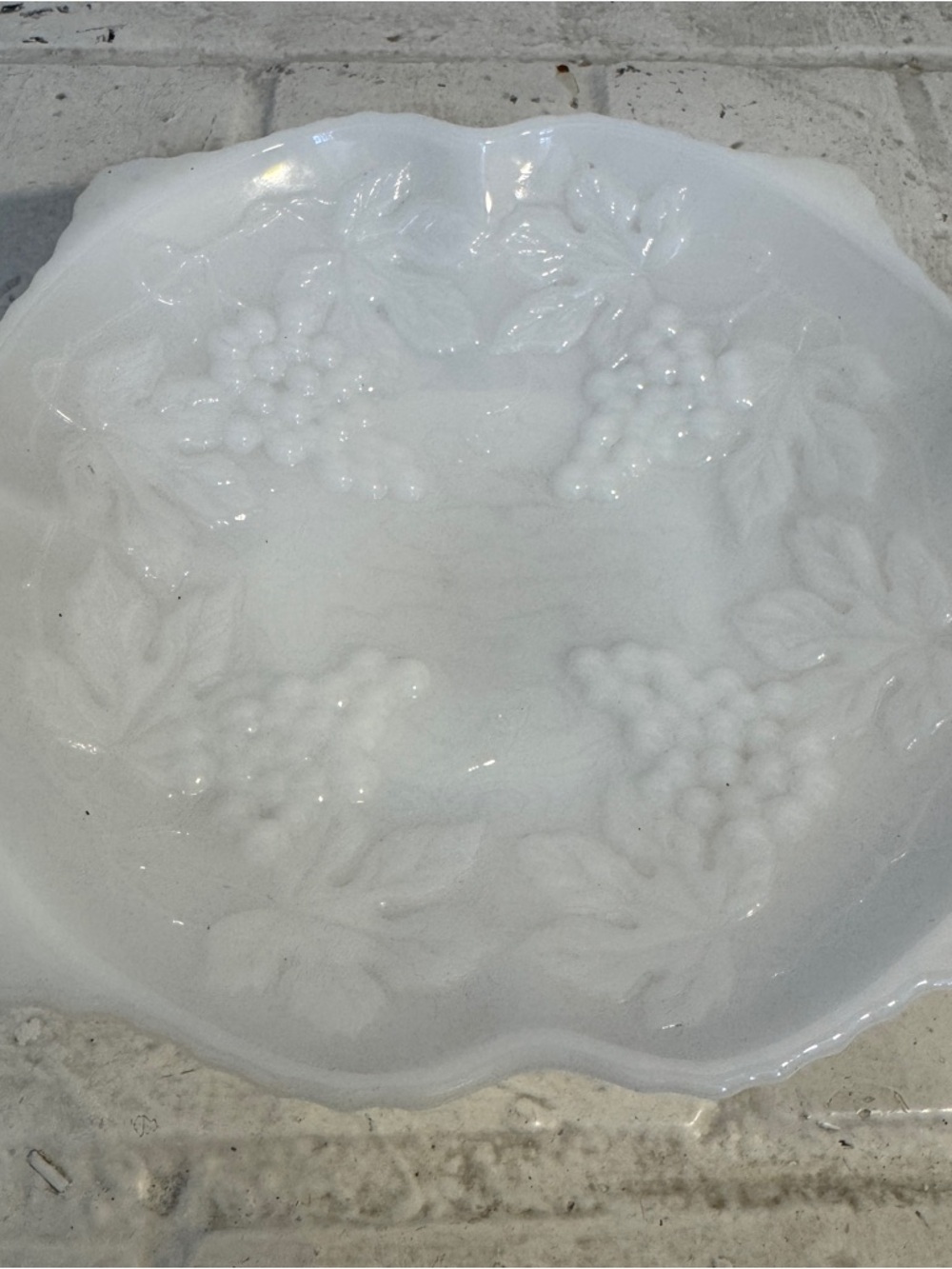 Mid-Century White Milk Glass Fruit Bowl, Embossed Grape & Leaf Pattern